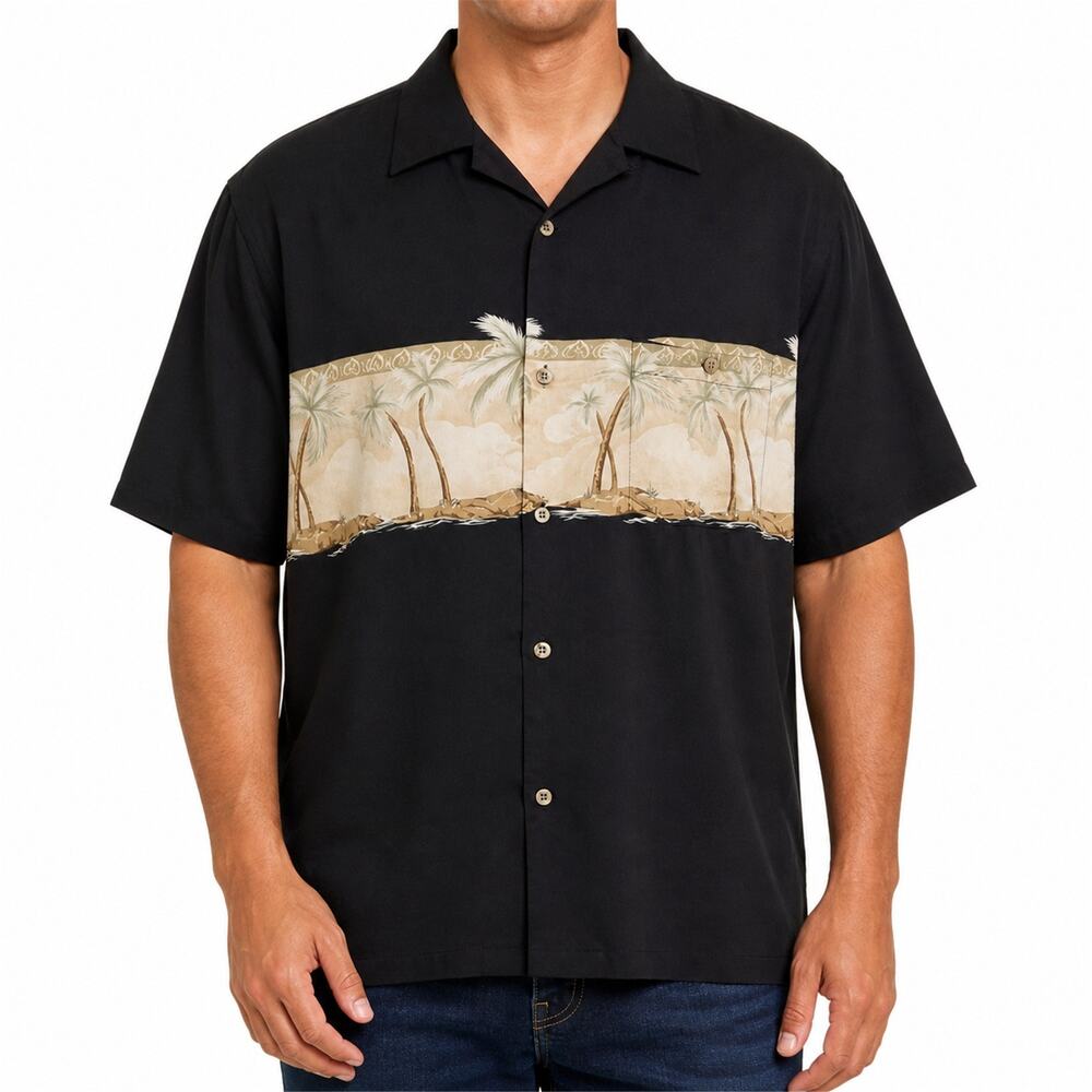 Bamboo Cay Shirt Mens Large Black Beige Hawaiian Beach Camp